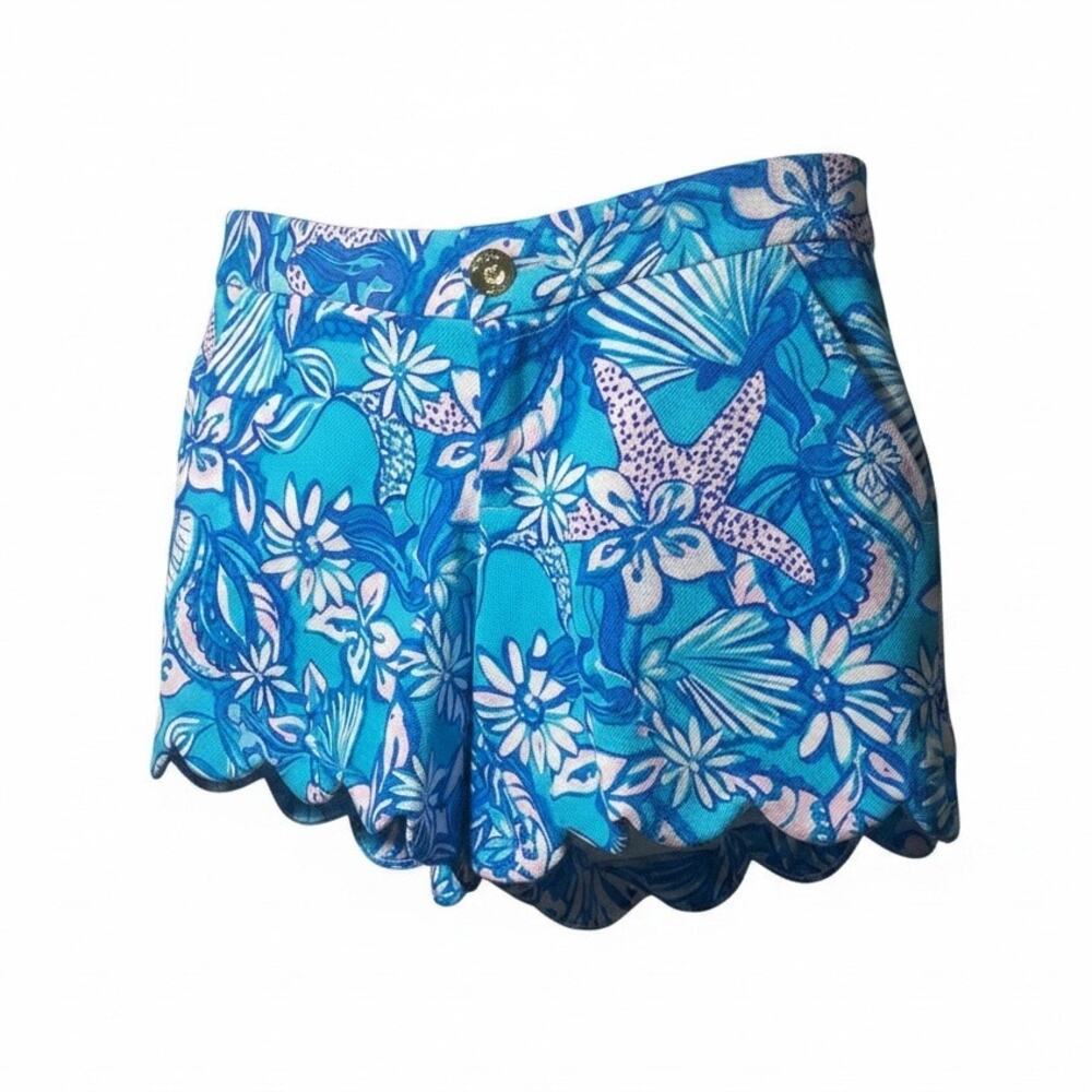Lilly Pulitzer Scallop Hem Amalfi Blue Sound The Sirens 5” Shorts Sz 0 NWT